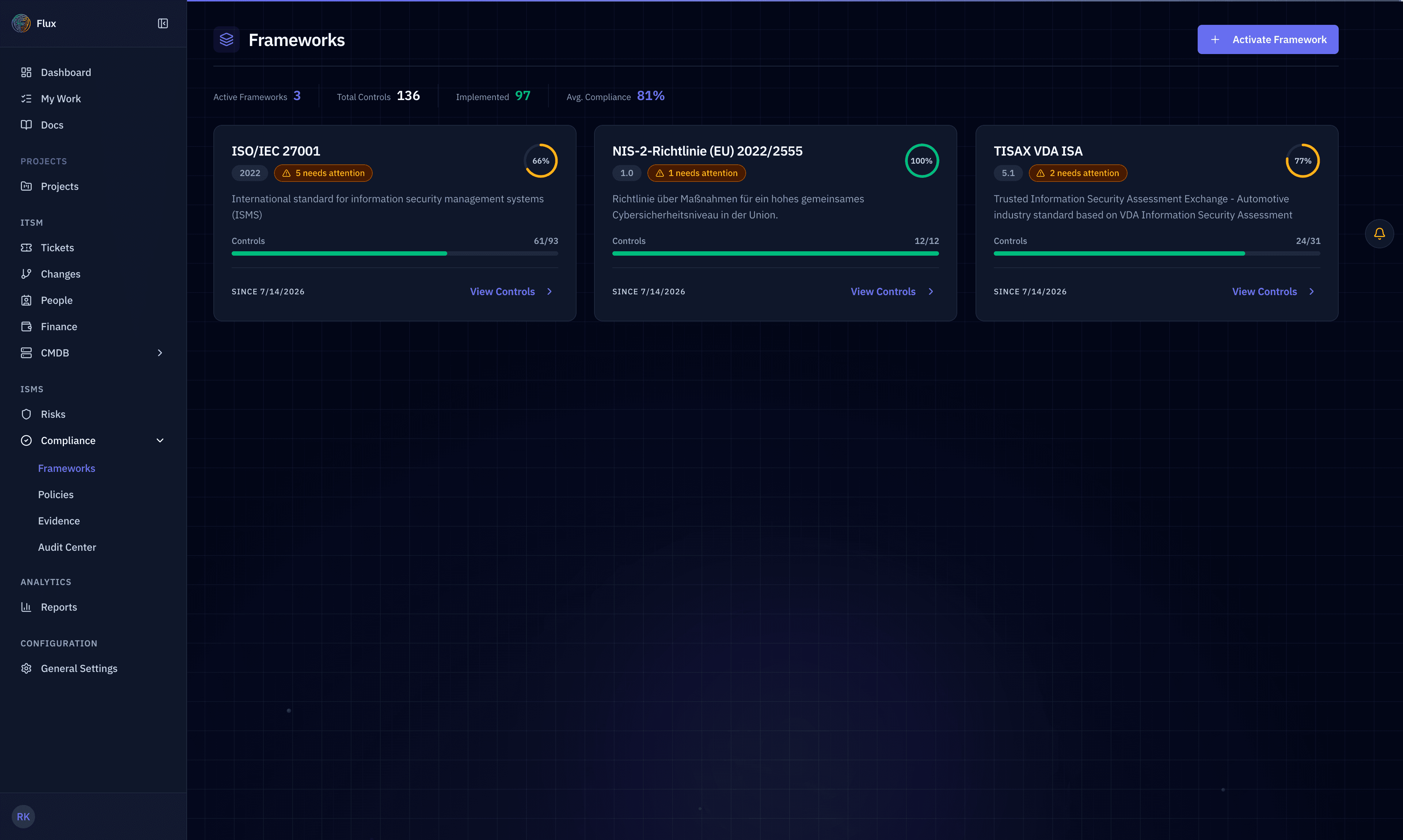 Flux compliance cockpit: ISO 27001, NIS2 and TISAX with evidence-based scoring